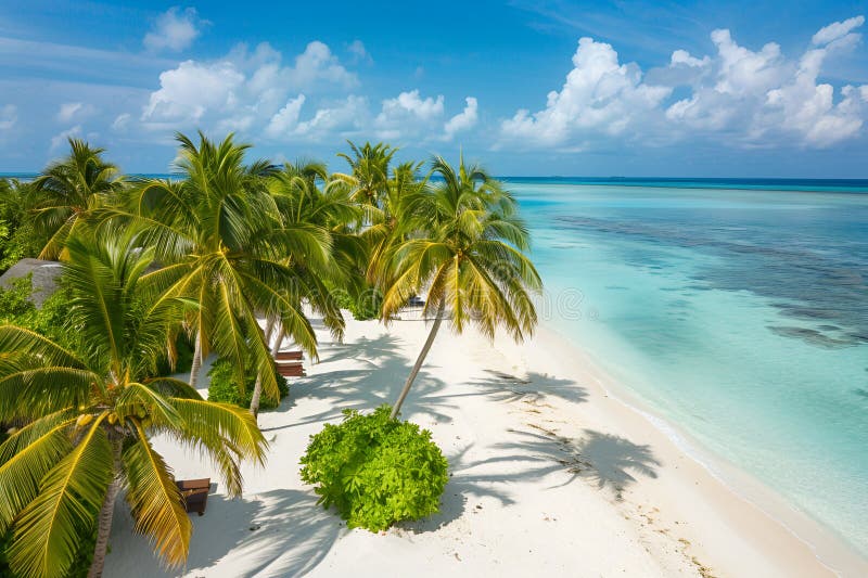 Sunny Beach in the Maldives. Palm trees, sand, sea. Landscape from a bird's eye view. Sunny Beach in the Maldives. Palm trees, sand, sea. Landscape from a bird's eye view.