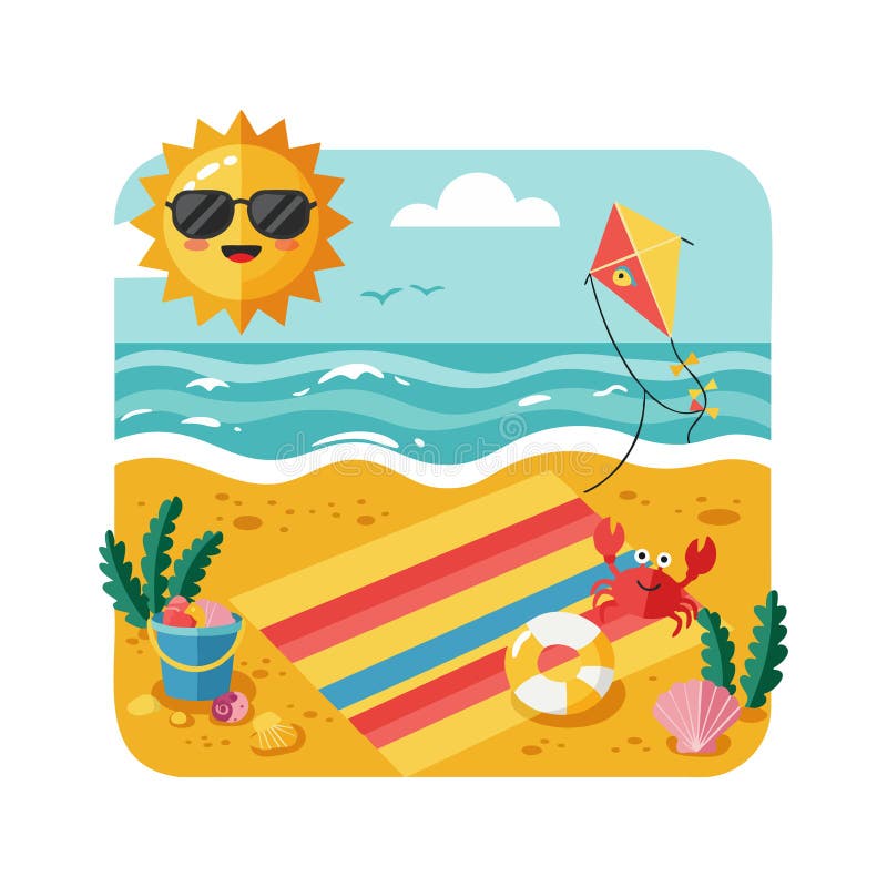 Sunny beach scene with colorful mat crab and kite flying near ocean waves vector vector illustration