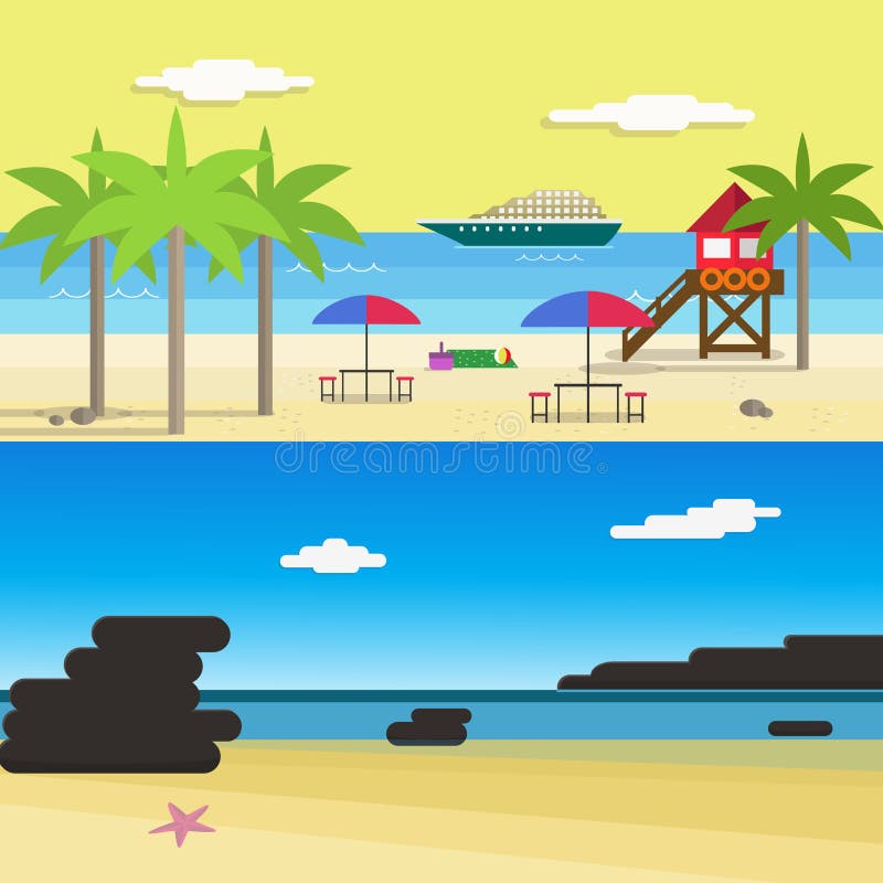 Sunny Beach voor de Zomerroeping Vlakke stijl vectorillustratie royalty-vrije illustratie Sunny Beach voor de Zomerroeping Vlakke stijl vectorillustratie royalty-vrije illustratie
