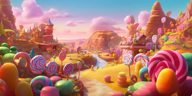 Sunny candy kingdom with pink cotton candy clouds and colorful lollipops trees. Generative AI