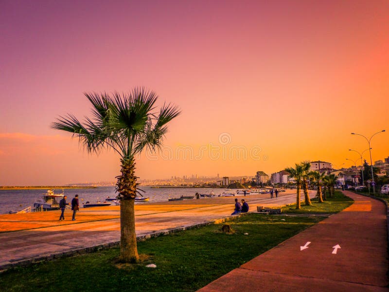 A sunny day at Atakum Beach, boats by the sea and people walking on the beach and the bike path next to the palm trees.