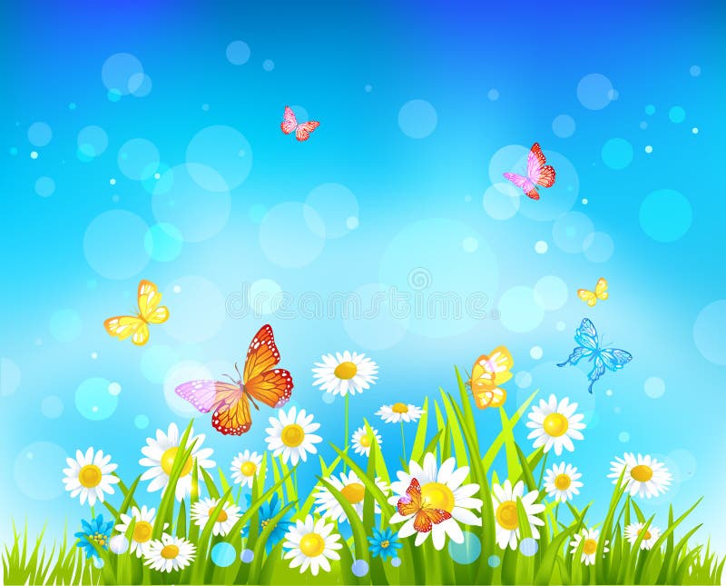 Sunny day background with flowers and butterflies royalty free illustration