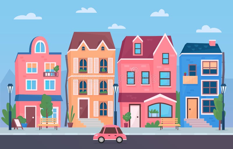 Sunny Day Small Town Street. Cartoon Funny City Buildings Vector Illustration. Stock Vector - Illustration of colorful, icon: 176473776 Sunny Day Small Town Street. Cartoon Funny City Buildings Vector Illustration. Stock Vector - Illustration of colorful, icon: 176473776