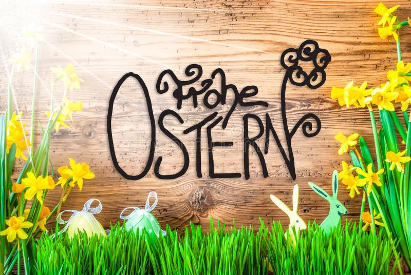 Sunny Easter Decoration, Calligraphy Frohe Ostern Means Happy Easter