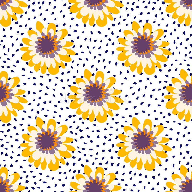 Sunny flowers in white, yellow, purple colors. White background with dots on botanic seamless pattern