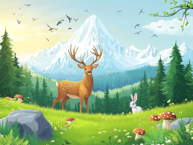 A Sunny Forest Landscape Featuring Cartoon Deer and Rabbits, Set ...
