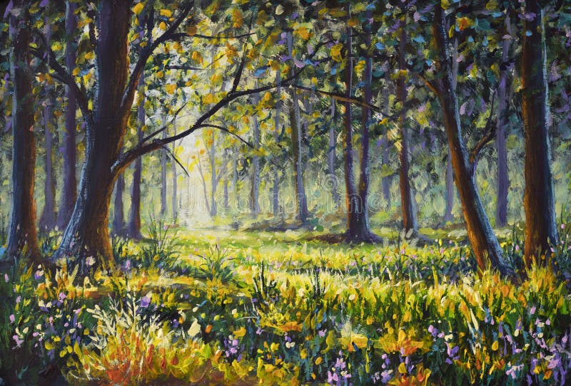 Sunny forest wood trees Original oil painting. Flowers in sun summer spring park alley impressionism fine art hand painted landscape paintings artwork