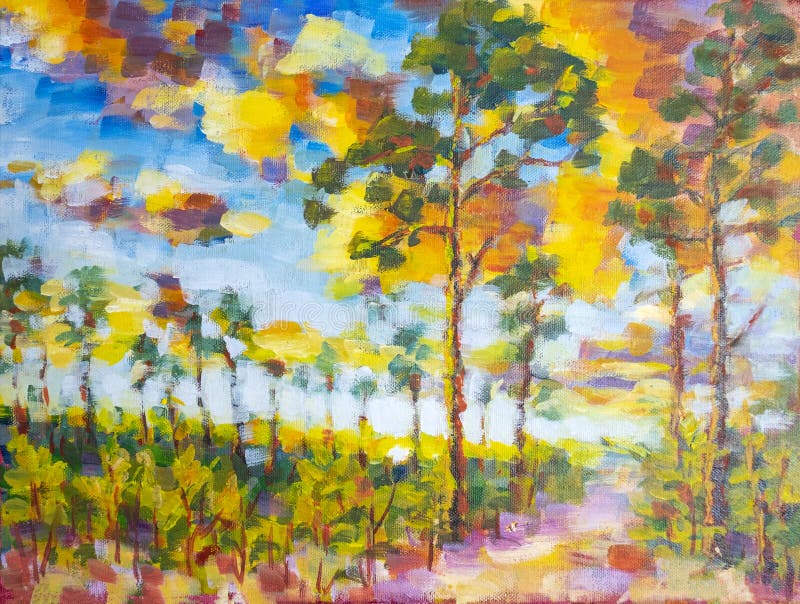 Sunny forest wood trees. Original oil painting. Footpath in sun summer park alley impressionism fine art hand painted landscape. Sunny forest wood trees. Original oil painting. Footpath in sun summer park alley impressionism fine art hand painted landscape