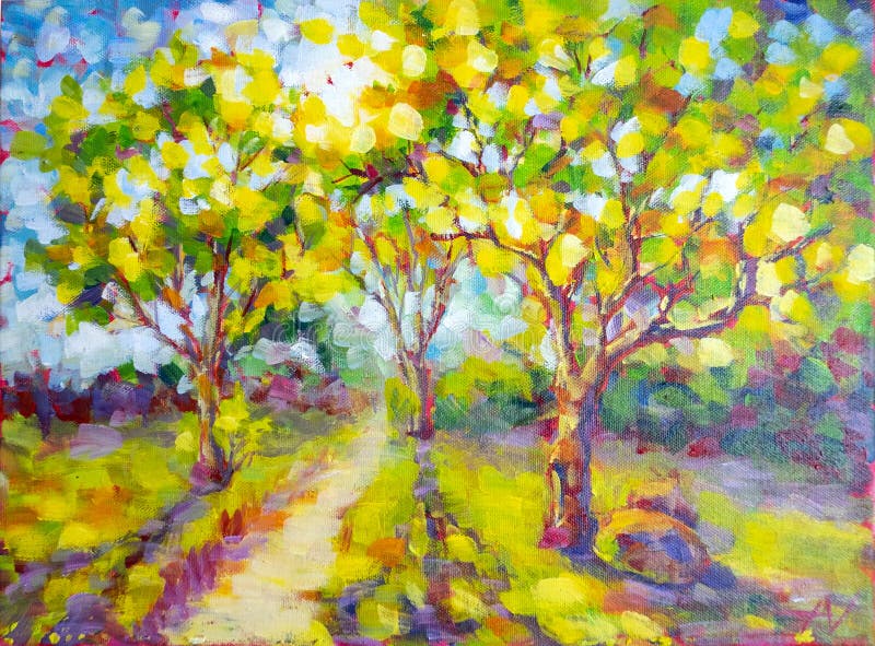 Sunny forest wood trees. Original oil painting. Footpath in sun summer park alley impressionism fine art hand painted landscape. Sunny forest wood trees. Original oil painting. Footpath in sun summer park alley impressionism fine art hand painted landscape