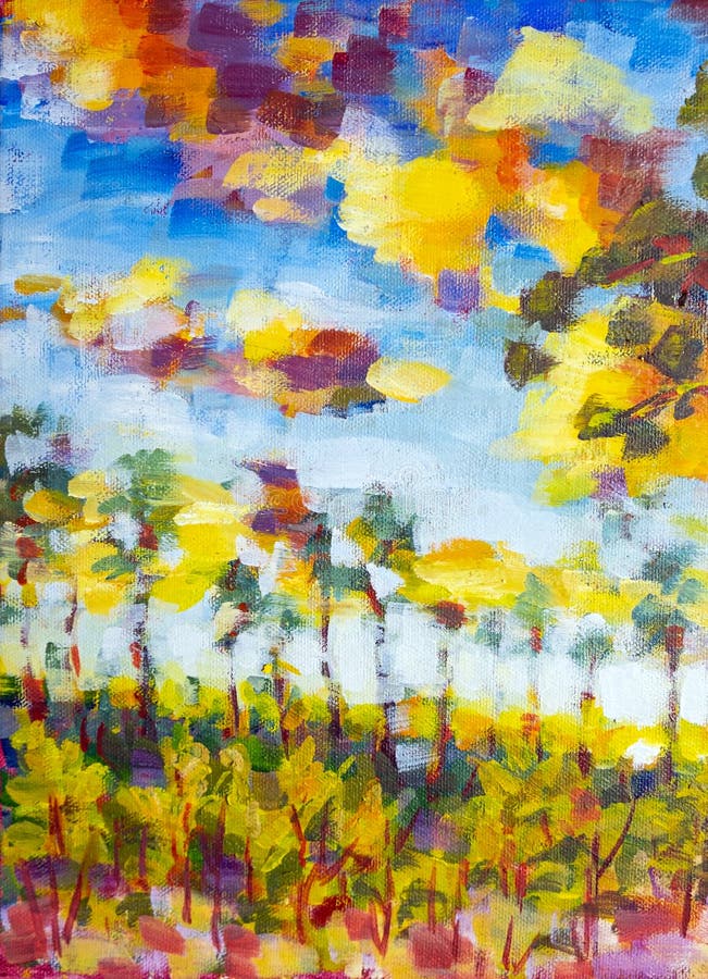 Sunny forest wood trees. Original oil painting. Footpath in sun summer park alley impressionism fine art hand painted landscape. Sunny forest wood trees. Original oil painting. Footpath in sun summer park alley impressionism fine art hand painted landscape