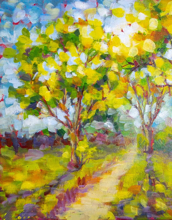 Sunny forest wood trees. Original oil painting. Footpath in sun summer park alley impressionism fine art hand painted landscape. Sunny forest wood trees. Original oil painting. Footpath in sun summer park alley impressionism fine art hand painted landscape