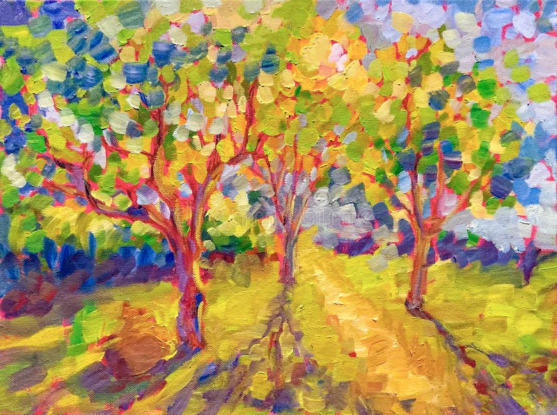 Sunny forest wood trees. Original oil painting. Footpath in sun summer park alley impressionism fine art hand painted landscape. Sunny forest wood trees. Original oil painting. Footpath in sun summer park alley impressionism fine art hand painted landscape