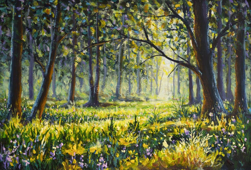 Sunny forest wood trees Original oil painting. Flowers in sun summer spring park alley impressionism fine art hand painted landscape paintings artwork