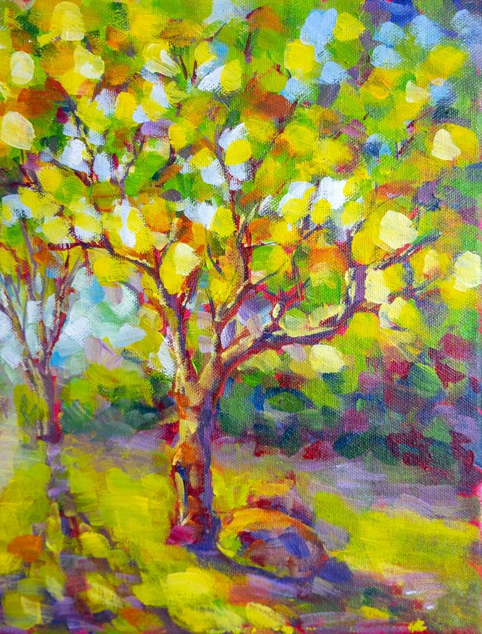 Sunny forest wood trees. Original oil painting. Footpath in sun summer park alley impressionism fine art hand painted landscape. Sunny forest wood trees. Original oil painting. Footpath in sun summer park alley impressionism fine art hand painted landscape