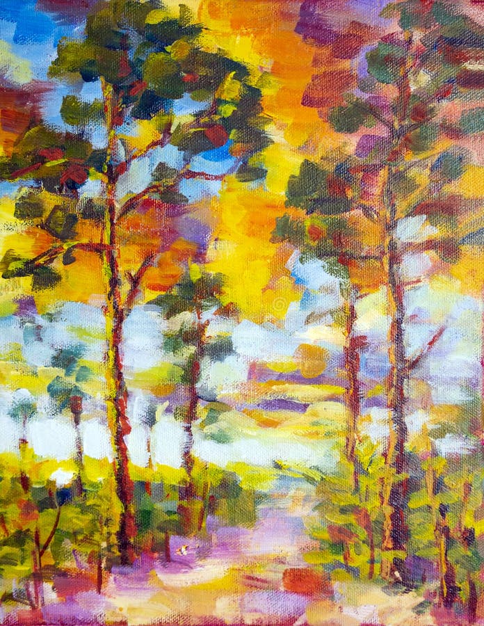 Sunny forest wood trees. Original oil painting. Footpath in sun summer park alley impressionism fine art hand painted landscape. Sunny forest wood trees. Original oil painting. Footpath in sun summer park alley impressionism fine art hand painted landscape