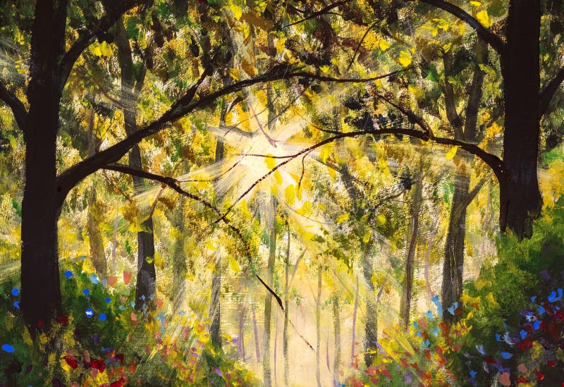 Sunny forest wood trees Original oil painting. Road in sun summer flowers park alley impressionism fine art hand painted landscape paintings artwork