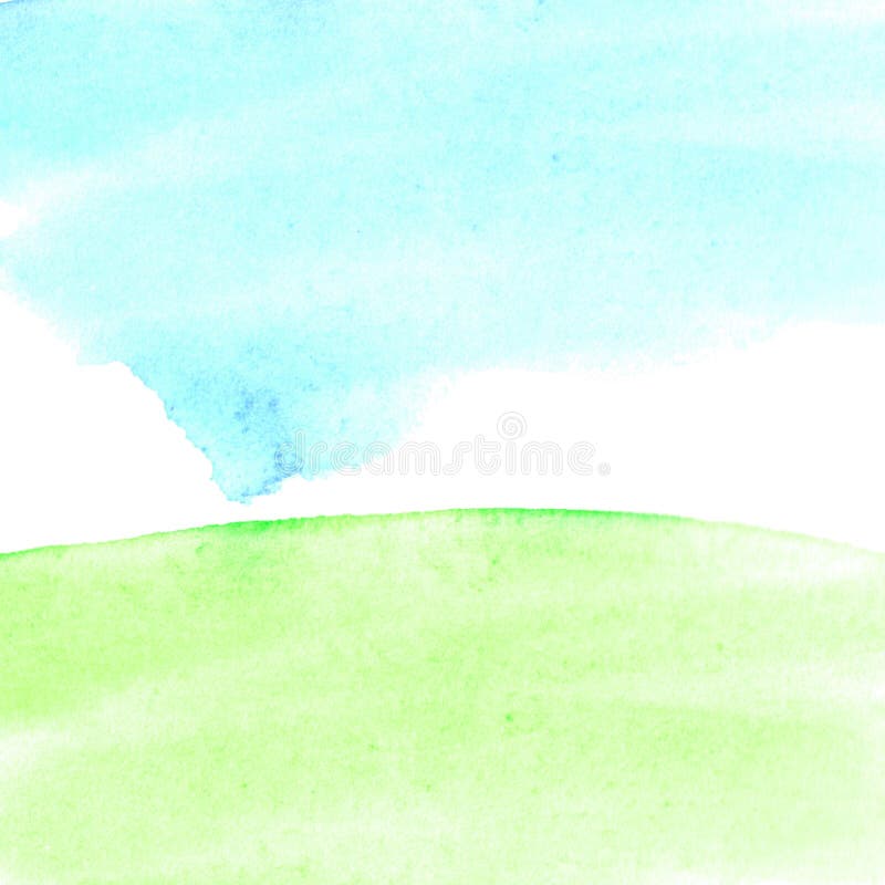 Sunny meadow, the land with green grass and blue sky, abstract summer watercolor background. Stain blot spot blob. Template for