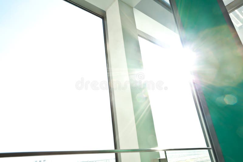 Sunny On Modern Glass Office Windows Building Interior Corridor Stock
