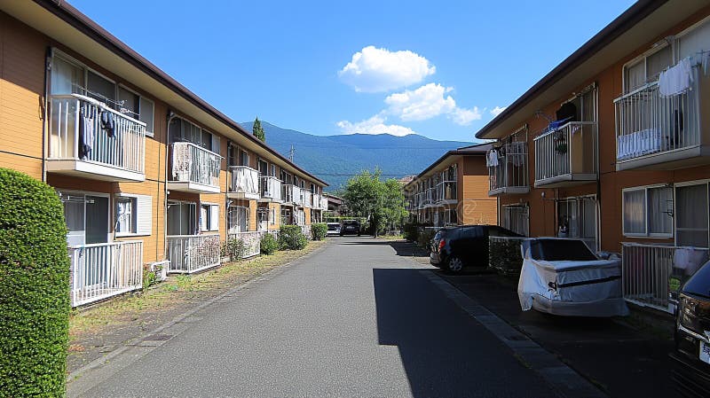 Sunny mountain view apartment complex road royalty free illustration