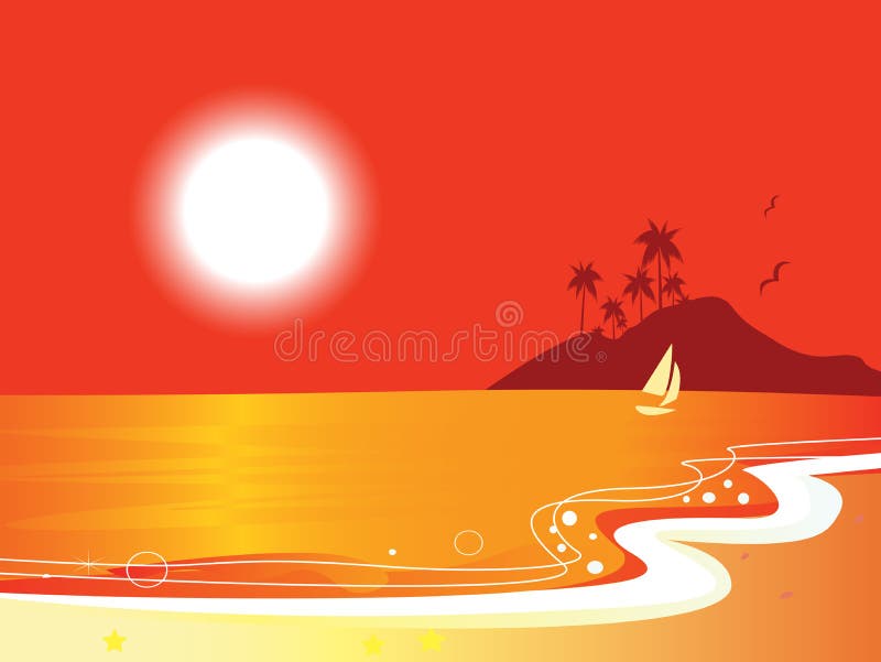 Sunny red beach coastal and ocean with sailor boat