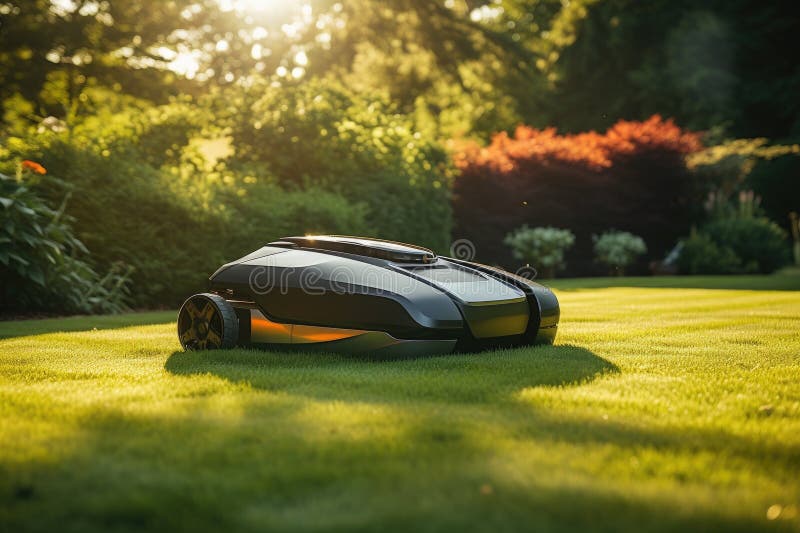 Sunny scene featuring a robotic lawn mower in action. vector illustration