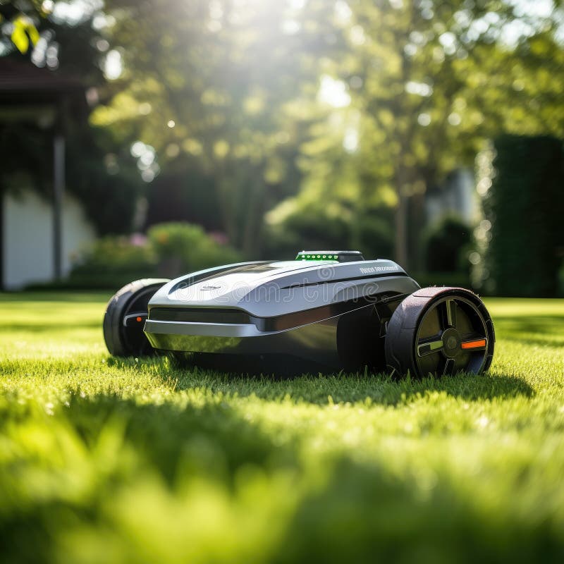 Sunny scene featuring a robotic lawn mower in action. stock illustration