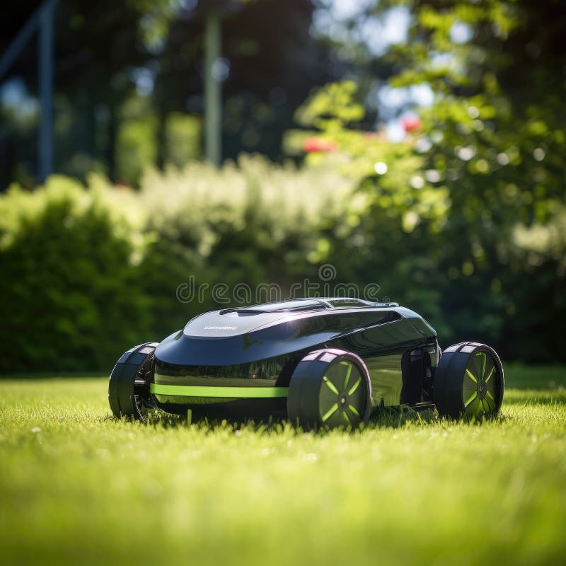Sunny scene featuring a robotic lawn mower in action. stock illustration