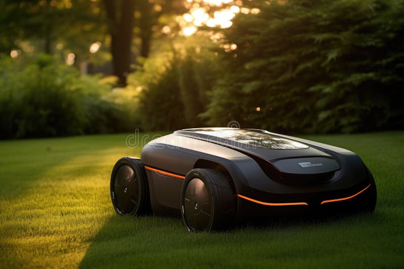 Sunny scene featuring a robotic lawn mower in action. royalty free illustration