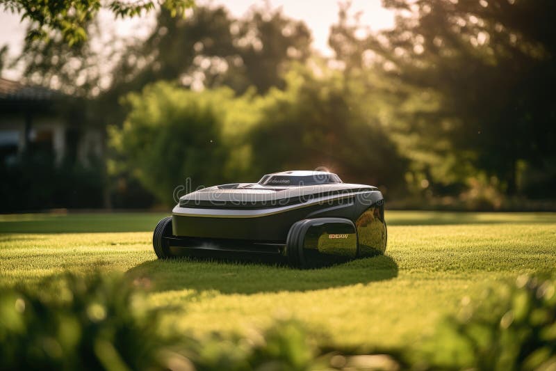 Sunny scene featuring a robotic lawn mower in action. stock illustration