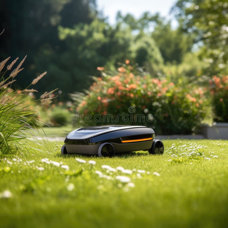 Sunny scene featuring a robotic lawn mower in action. royalty free illustration
