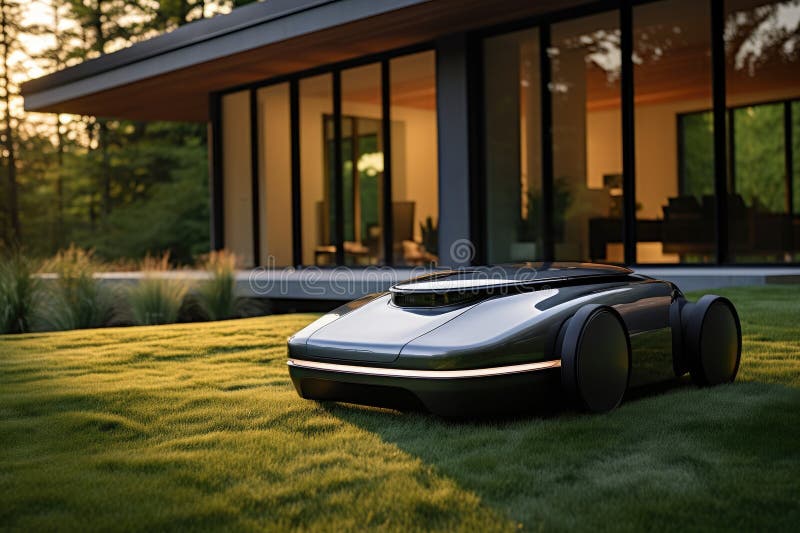 Sunny scene featuring a robotic lawn mower in action. stock illustration