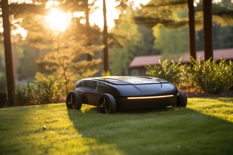 Sunny scene featuring a robotic lawn mower in action. stock illustration