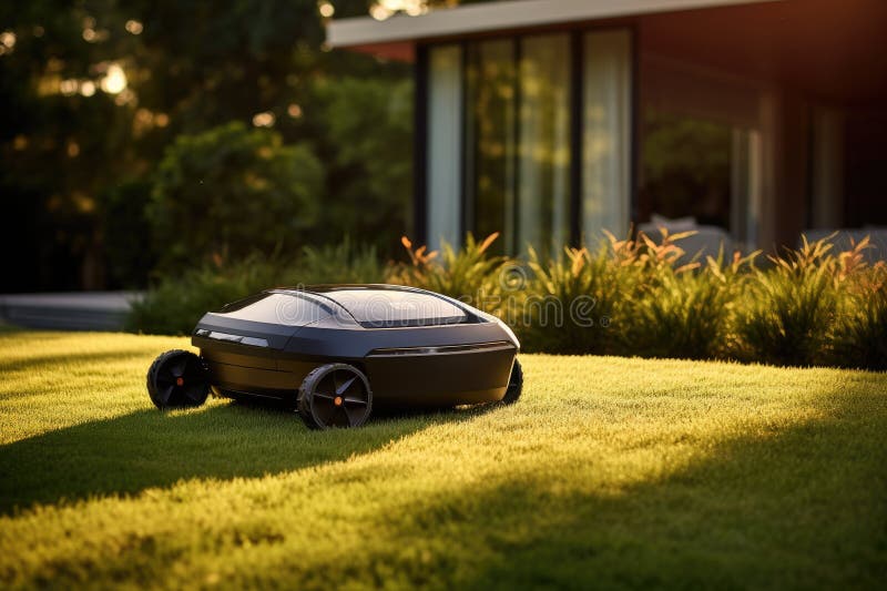 Sunny scene featuring a robotic lawn mower in action. vector illustration