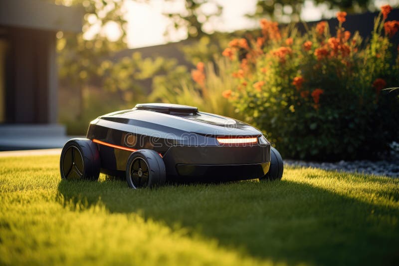 Sunny scene featuring a robotic lawn mower in action. vector illustration