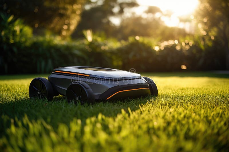 Sunny scene featuring a robotic lawn mower in action. royalty free illustration