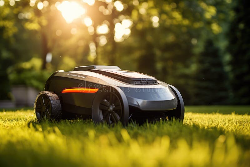 Sunny scene featuring a robotic lawn mower in action. vector illustration