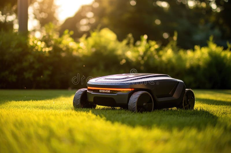 Sunny scene featuring a robotic lawn mower in action. vector illustration