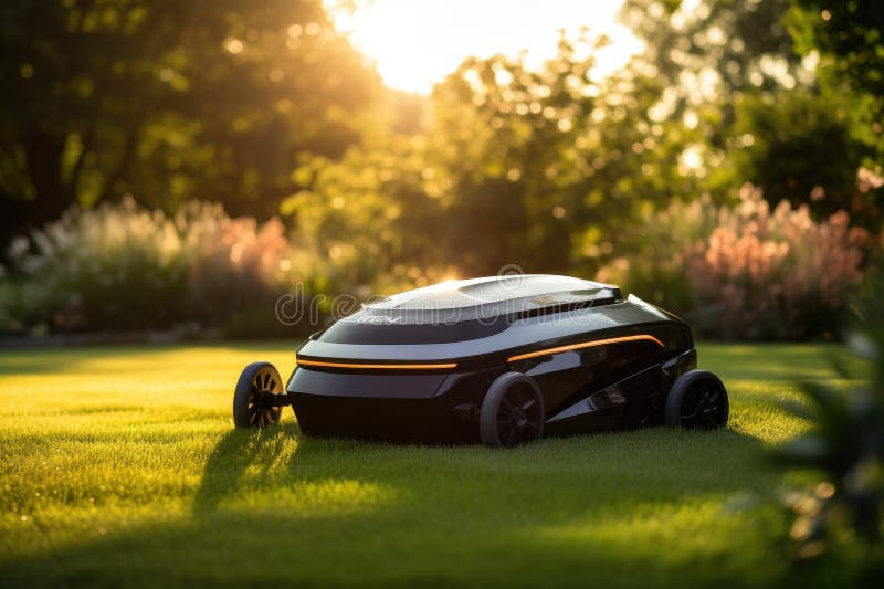 Sunny scene featuring a robotic lawn mower in action. royalty free illustration