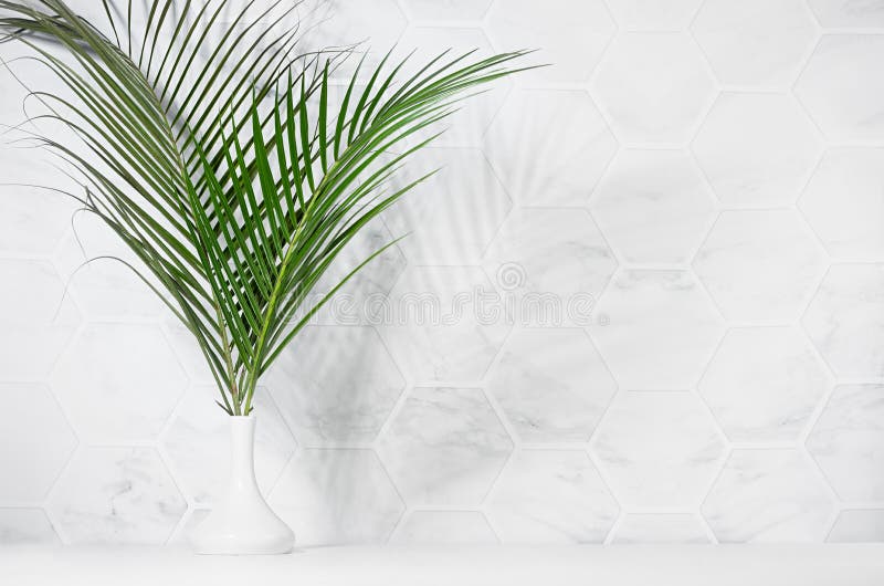 Sunny summer kitchen with green palm leaves bouquet in sunlight with shadow on white marble tile wall, wood table, copy space.