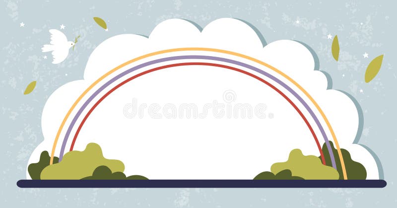 Sunny summer landscape, kids party banner, rainbow, clouds and green grass, space for text. Vector spring background for stock illustration
