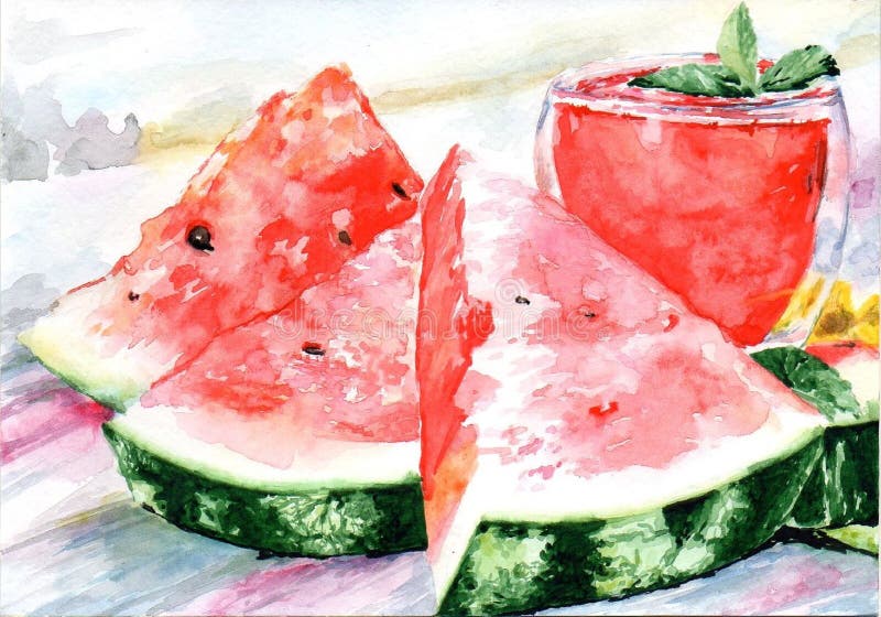 Watermelon juice, watermelon slices on a summer morning. royalty free illustration Watermelon juice, watermelon slices on a summer morning. royalty free illustration