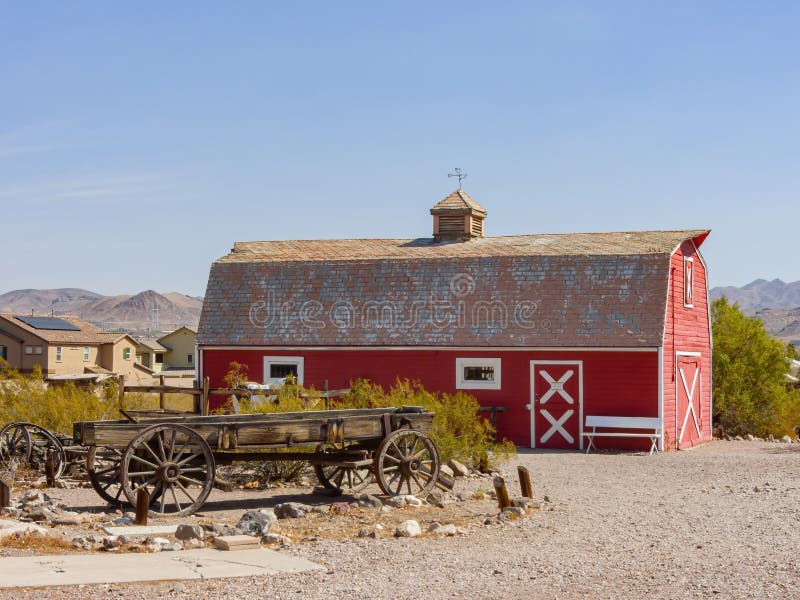 Sunny view of a beautiful red barn in Clark County Museum stock photo