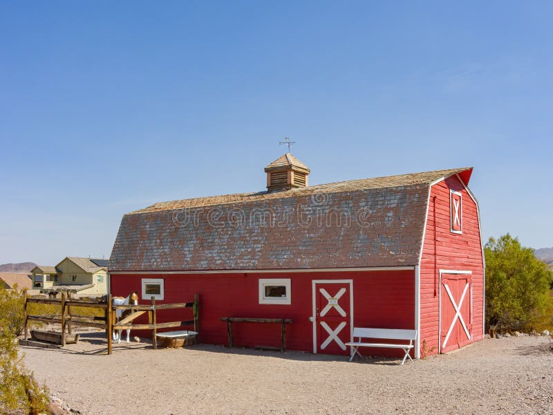 Sunny view of a beautiful red barn in Clark County Museum stock photos