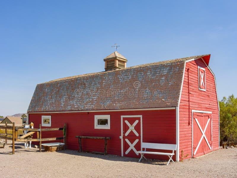 Sunny view of a beautiful red barn in Clark County Museum stock photo