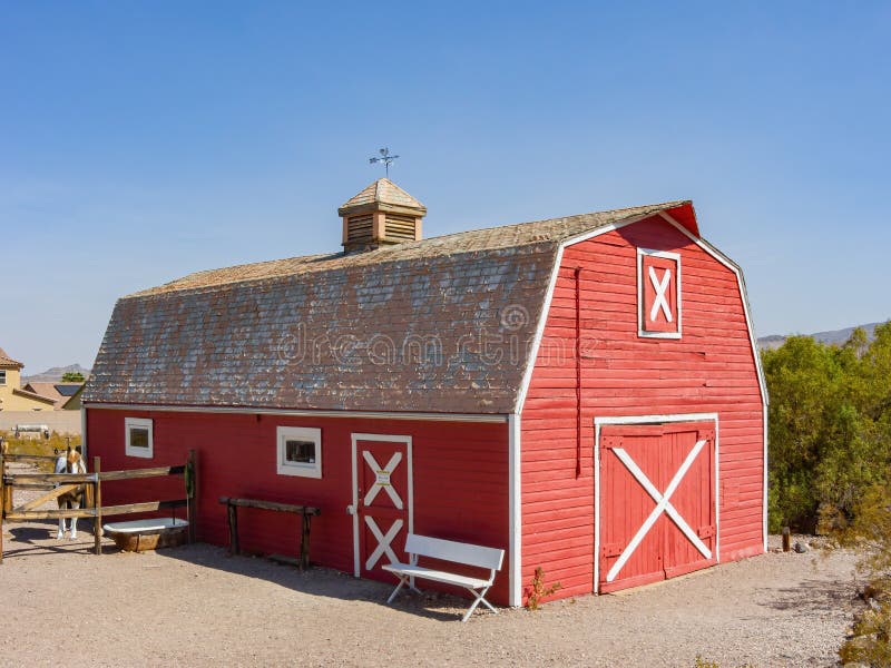 Sunny view of a beautiful red barn in Clark County Museum stock photos