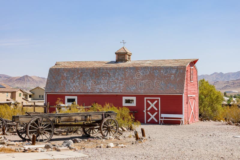 Sunny view of a beautiful red barn in Clark County Museum stock photo
