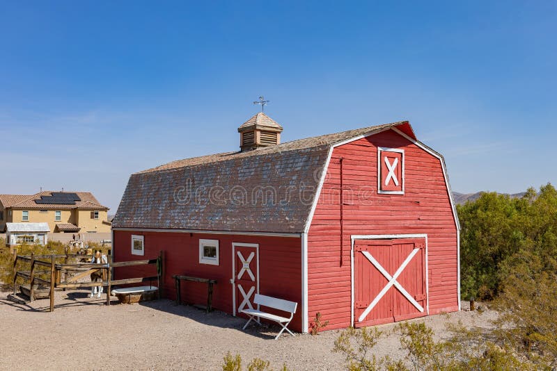 Sunny view of a beautiful red barn in Clark County Museum royalty free stock image