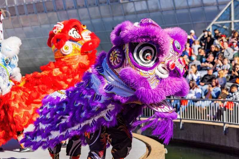 Sunny View of the Lion Dance in Lunar New Year Festival Editorial Photo