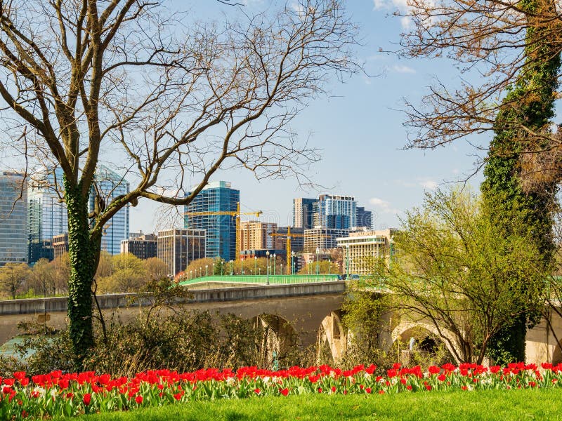 Sunny view of the Skyline of Arlington, VA from Francis Scott Key Memorial. At Washington DC