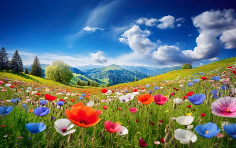 Sunny weather poster. Beautiful spring landscape with colorful wildflowers in a green meadow on a blue sky day, white clouds. AI